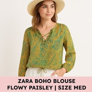 ZARA Sheer Boho Paisley Blouse Lace-Up Peasant Top (M) Green/Gold, Festival